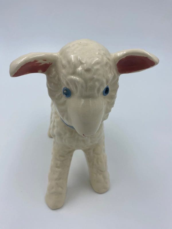 Vintage ceramic lamb planter white and blue