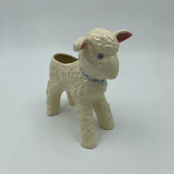 Vintage ceramic lamb planter white and blue right side