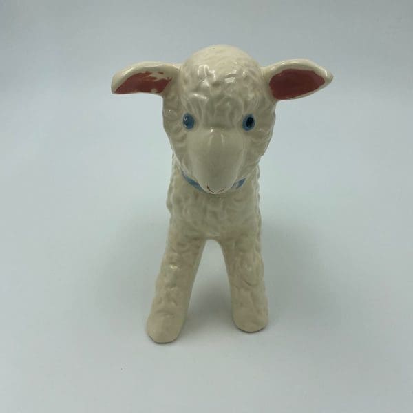 Vintage ceramic lamb planter white and blue zoomed out