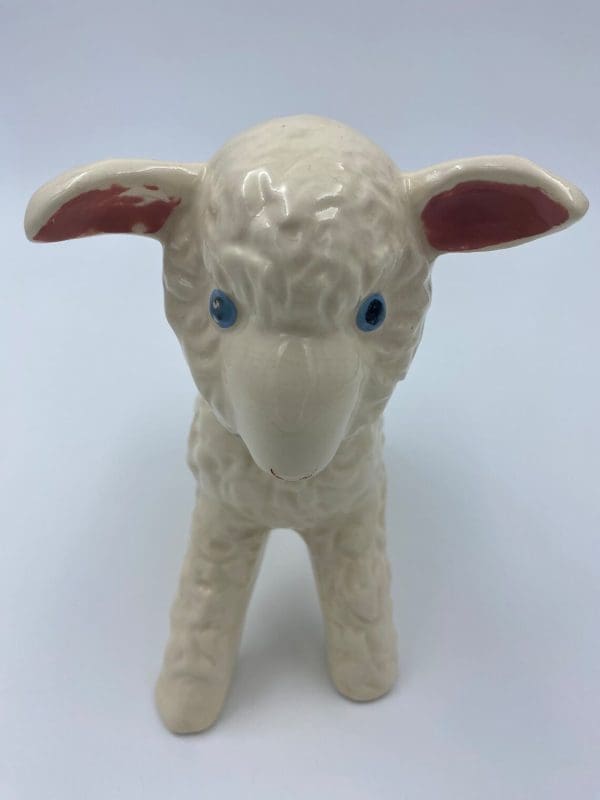 Vintage ceramic lamb planter white and blue front zoomed