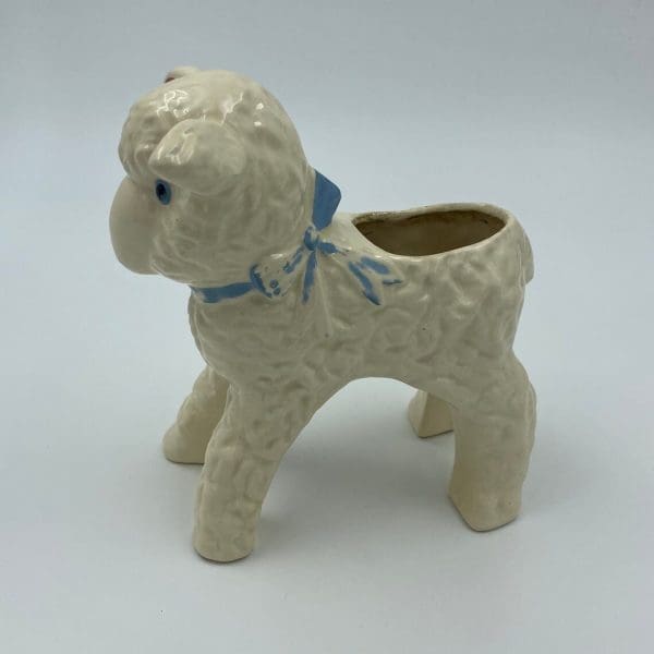 Vintage ceramic lamb planter white and blue left 2