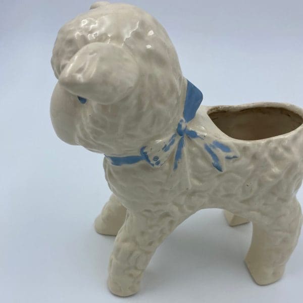 Vintage ceramic lamb planter white and blue left side