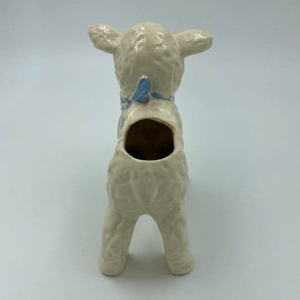 Vintage ceramic lamb planter white and blue top back