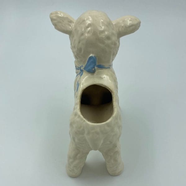 Vintage ceramic lamb planter white and blue top view