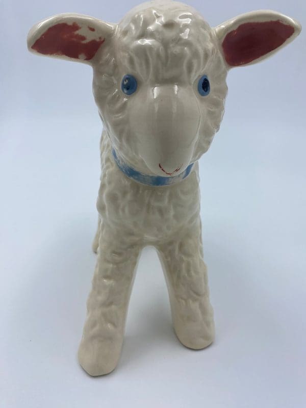 Vintage ceramic lamb planter white and blue front