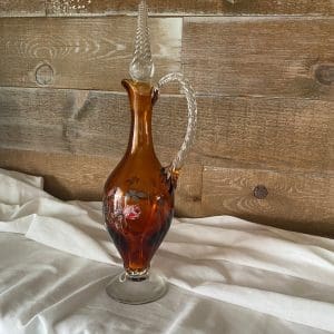 vintage amber glass decanter clear pedestal base, handle and stopper