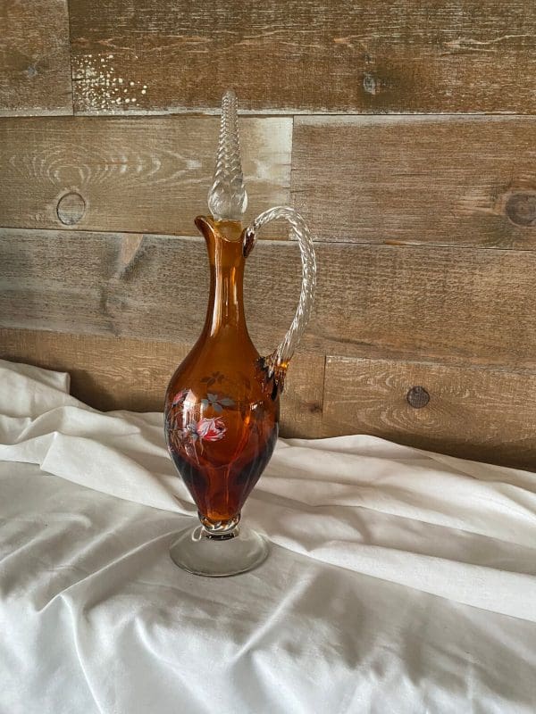 vintage amber glass decanter clear pedestal base, handle and stopper