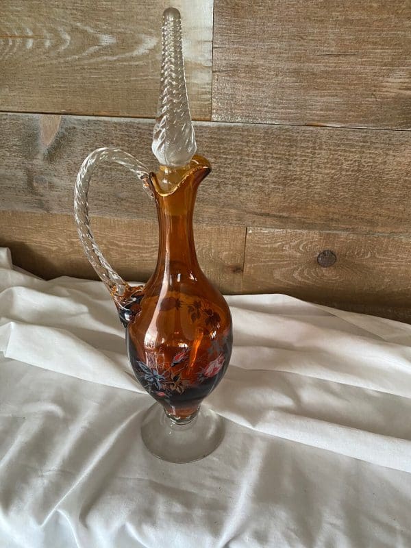 vintage amber glass decanter top view