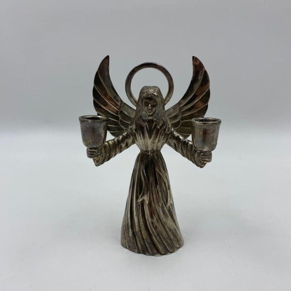 silver angel candle holder front