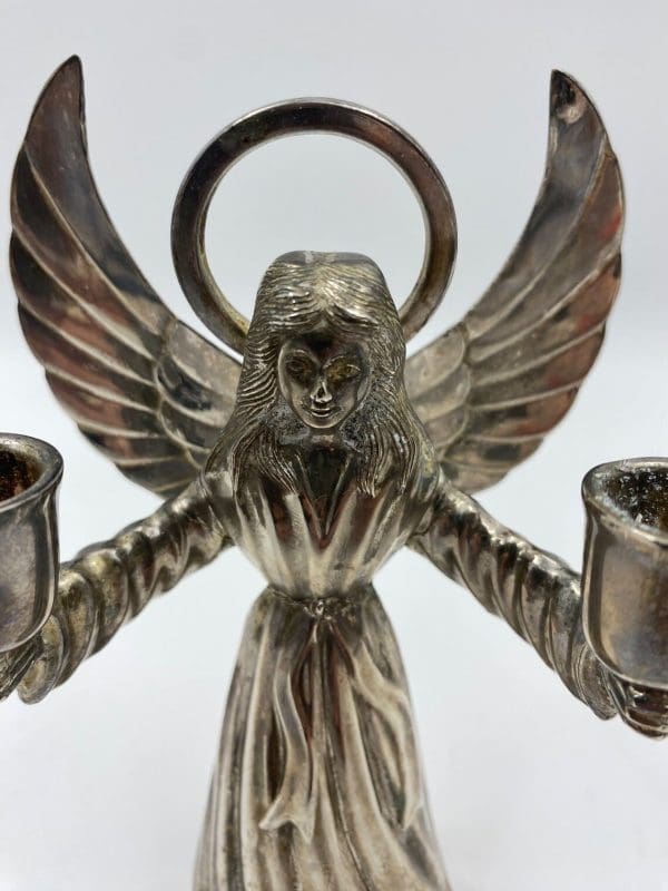 silver angel candle holder close