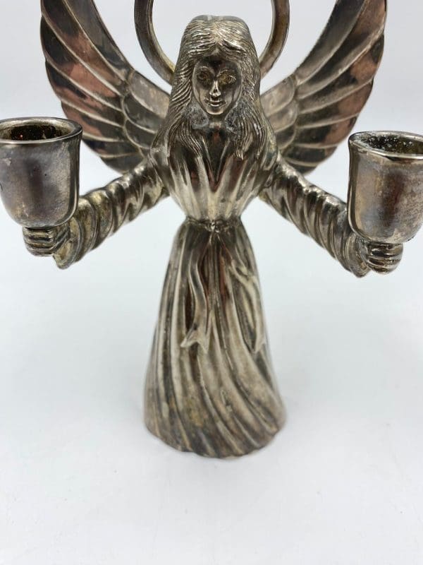 silver angel candle holder close of front