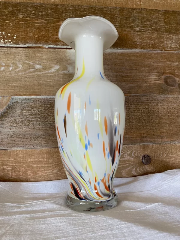 Hand blown art glass vase upward view