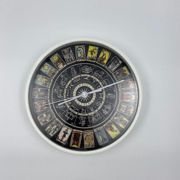 Zodiac Wall Clock front, black with zodiac signs, and astrological illustrations.