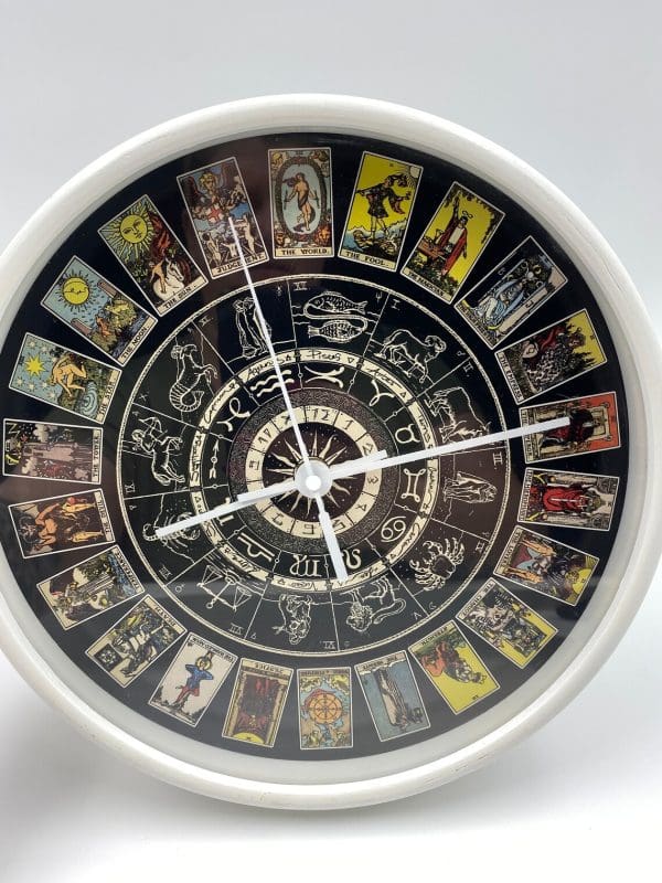 Zodiac Wall Clock front, black with zodiac signs, and astrological illustrations standing