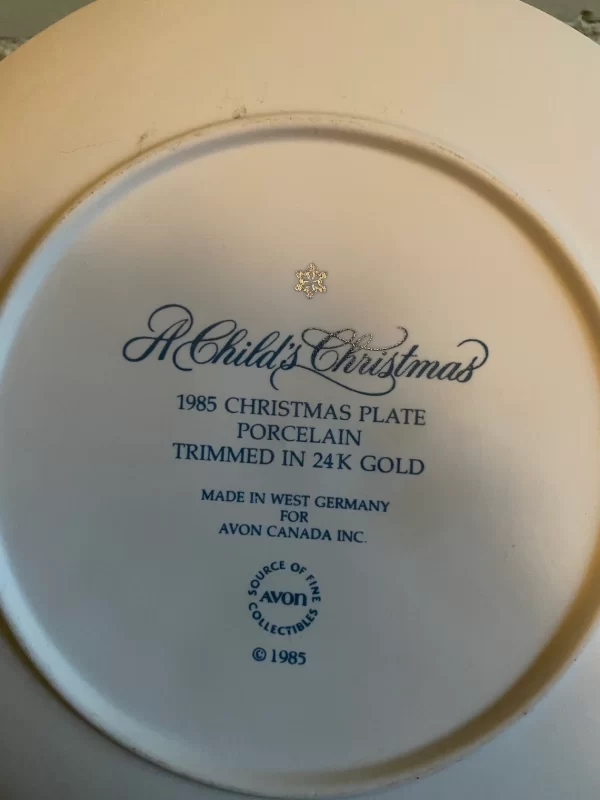 Avon Christmas plate 1985 back