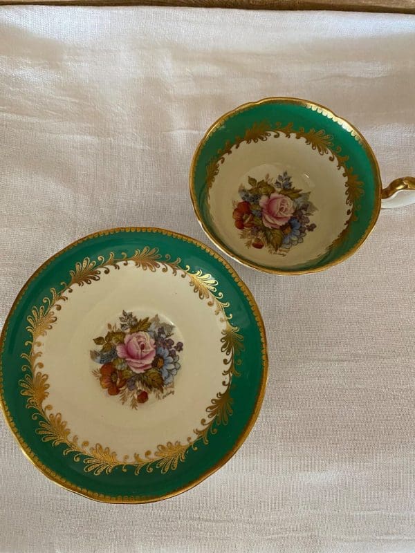 Rare aynsley tea cups Cabbage Rose signed JA Bailey top view of tea cup and saucer