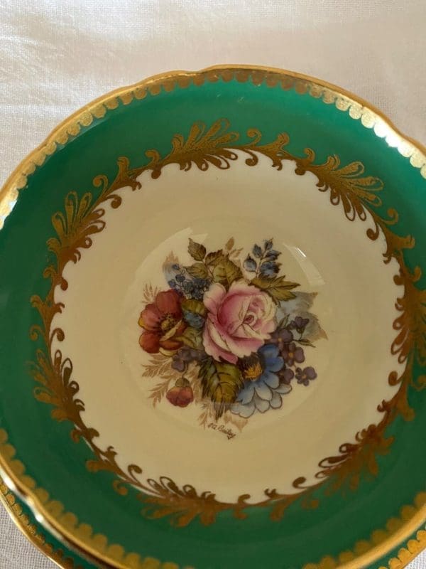 Rare aynsley tea cups Cabbage Rose signed JA Bailey closeup of inside tea cup