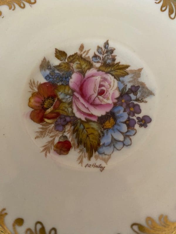 Rare aynsley tea cups Cabbage Rose signed JA Bailey closeup of signature