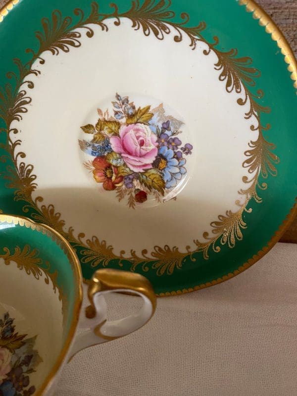 Rare aynsley tea cups Cabbage Rose signed JA Bailey close up of saucer