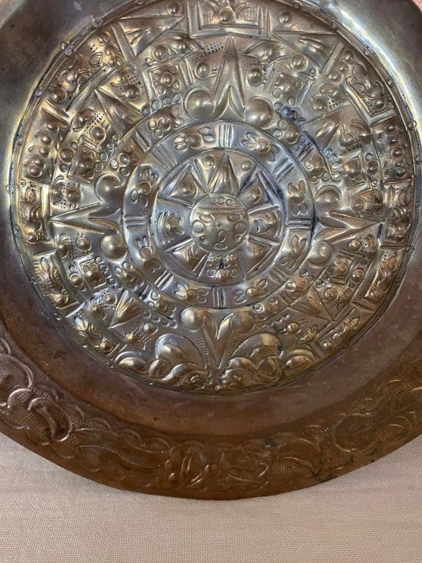 Copper Aztec Calendar Plate close of sun in center