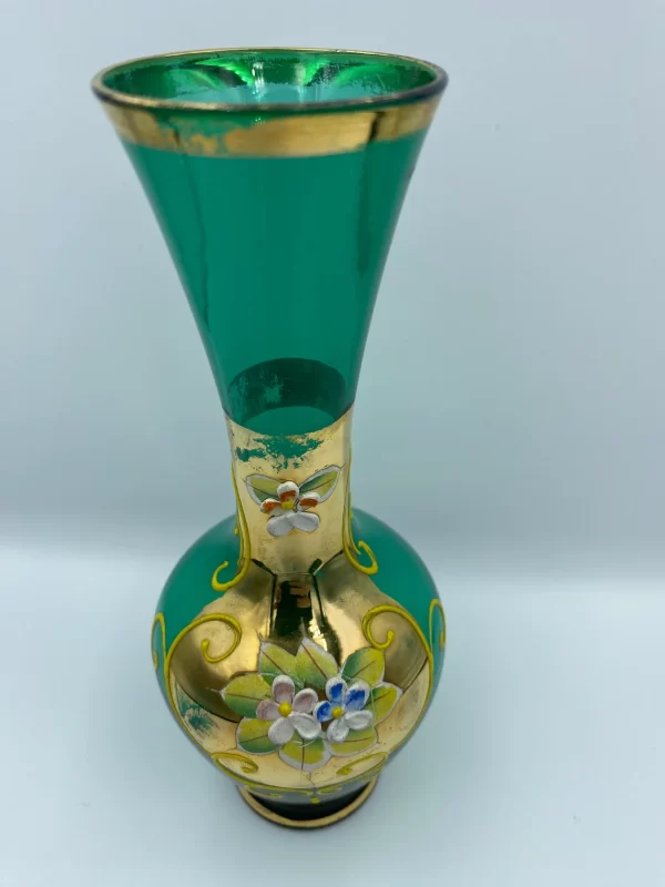 Bohemian glass vase green gold wear