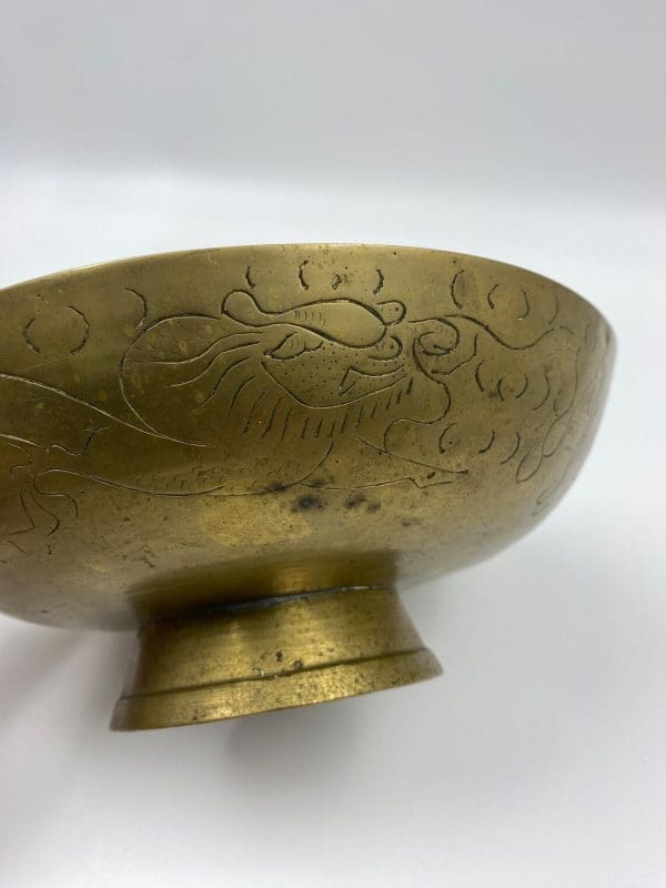 Chinese brass dragon bowl side showing dragon face