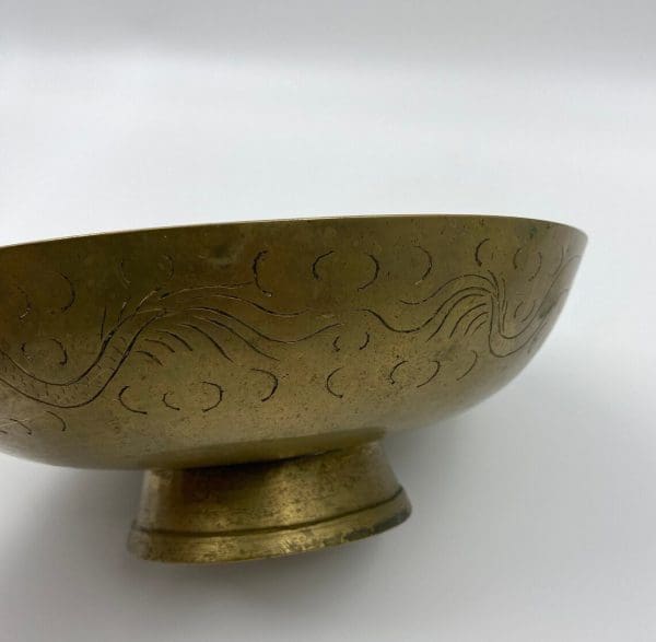 Chinese brass dragon bowl side showing dragon body