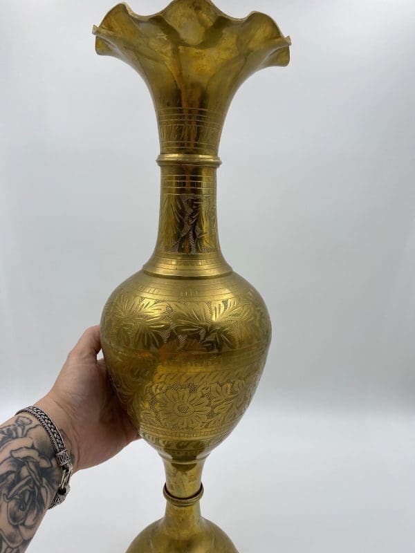 vintage brass etched vase hand comparison