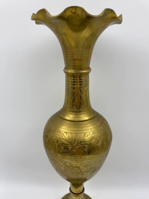 vintage brass etched vase mid view