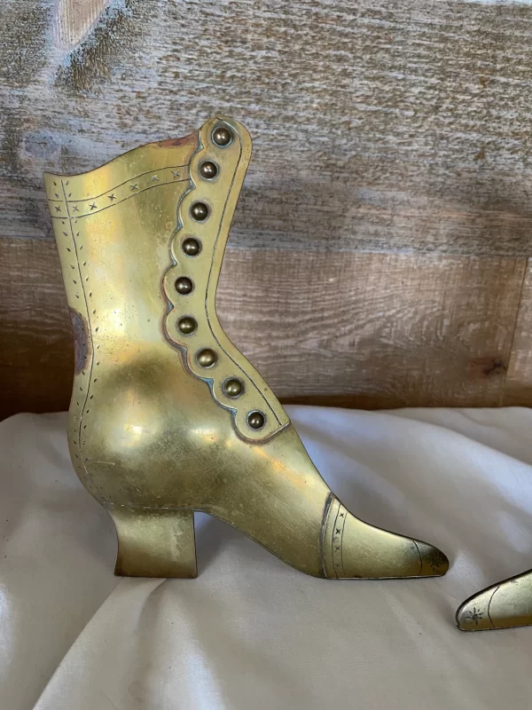 Victorian brass shoe vases left shoe