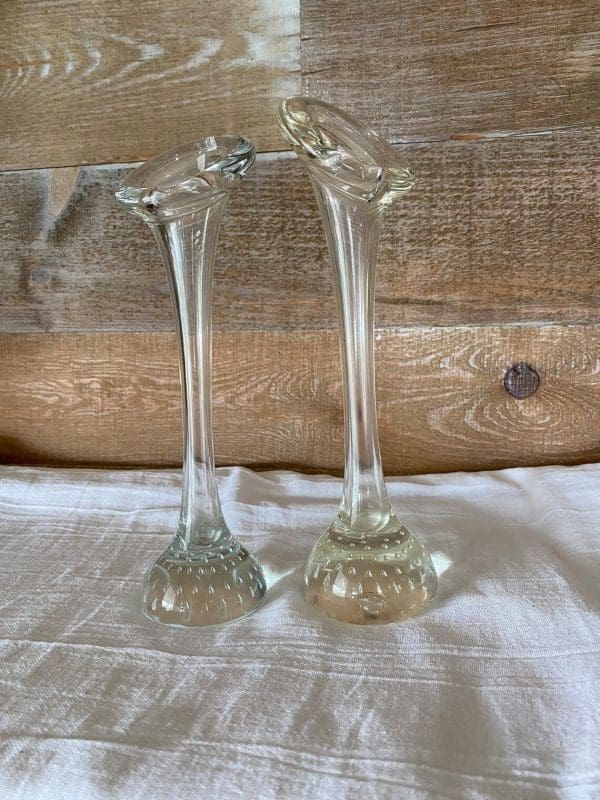 vintage clear glass bud vases pair