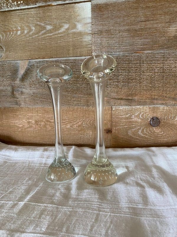 vintage clear glass bud vases fronts