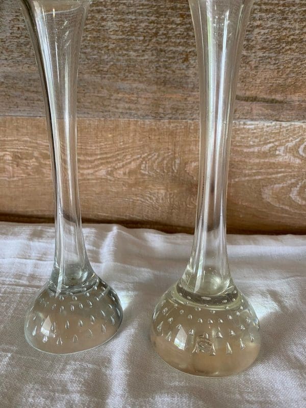 vintage clear glass bud vases close up