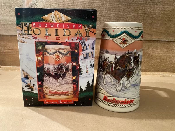 1996 Budweiser holiday stein front with box