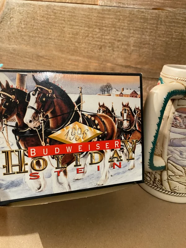 1996 Budweiser holiday stein top of box