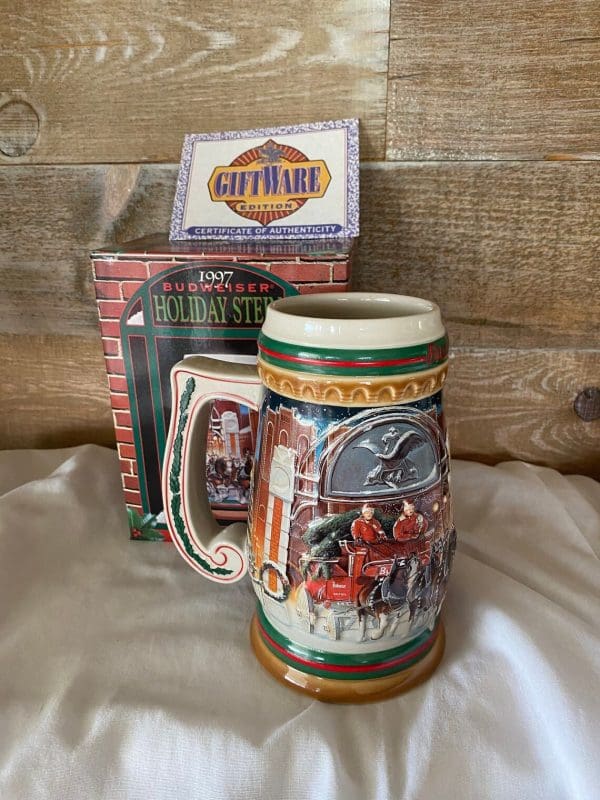 1997 Budweiser holiday stein box and front