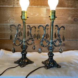 vintage metal table lamp pair with crystal prisms