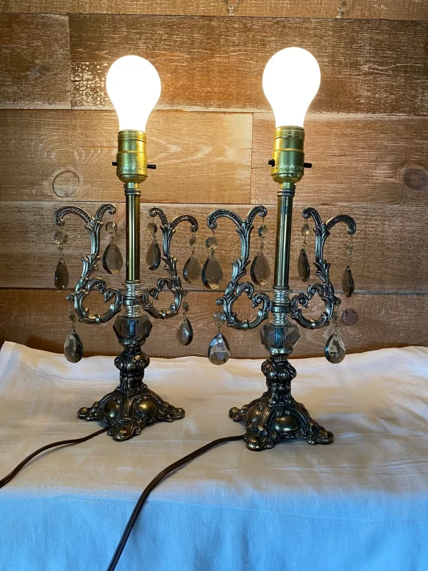 vintage metal table lamp pair with crystal prisms