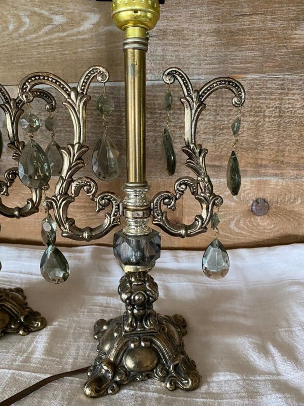 vintage metal table lamp pair with smokey gray crystals