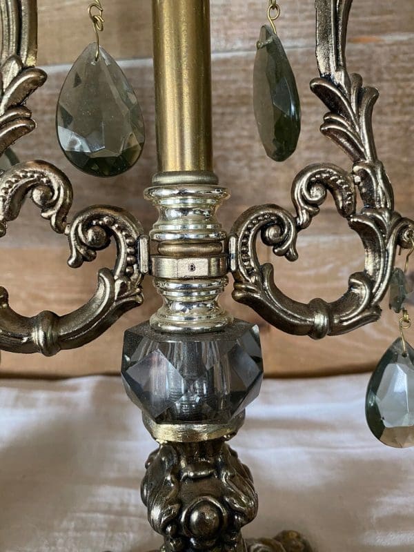 vintage metal table lamp casted brass and smokey gray crystal prisms