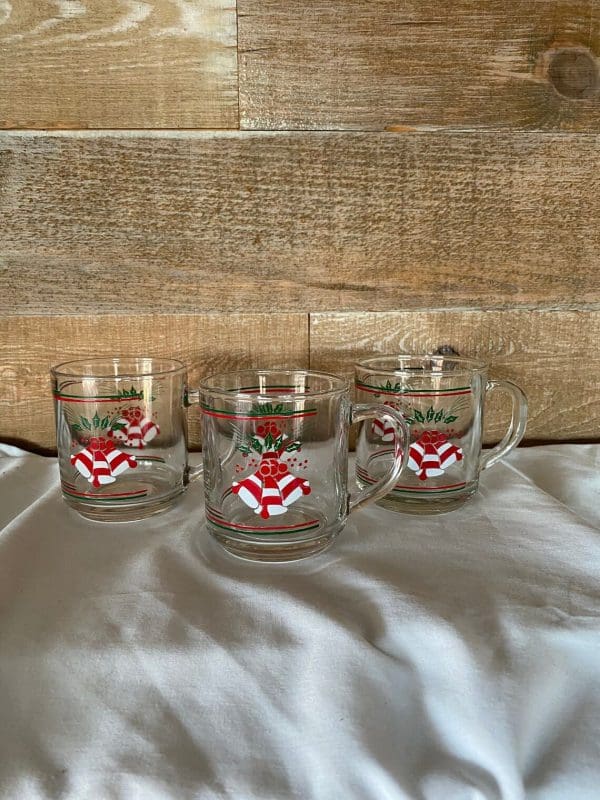 clear glass Christmas mugs red and white bell design