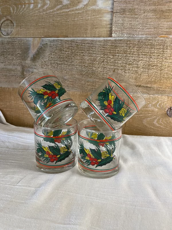 vintage Christmas drinking glasses on top of each other