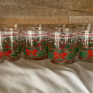 christmas lowball glasses with red bows