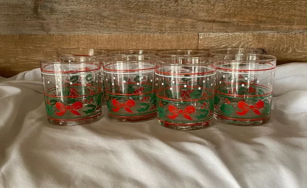 christmas lowball glasses with red bows