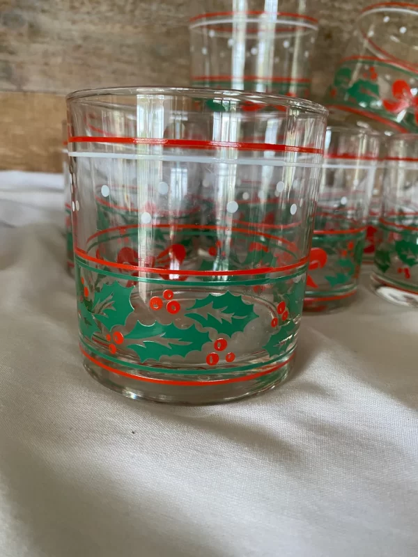 christmas lowball glasses green holly red berries