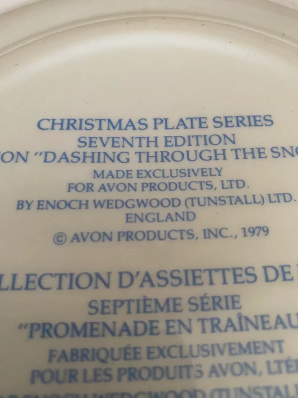 1979 Avon Christmas plate close up of back