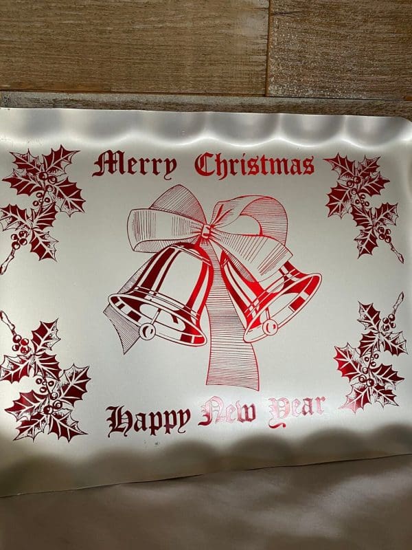 Christmas serving tray metal silver with red bells and holly