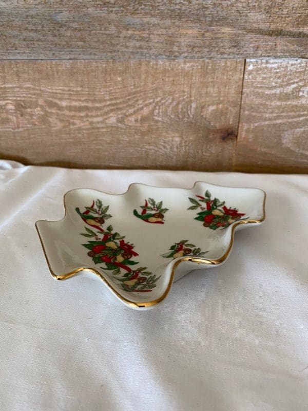 Vintage Christmas tree candy dish side view