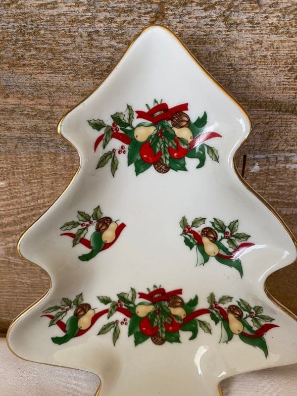 Vintage Christmas tree candy dish close view