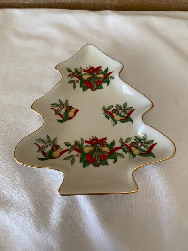 Vintage Christmas tree candy dish flat on table